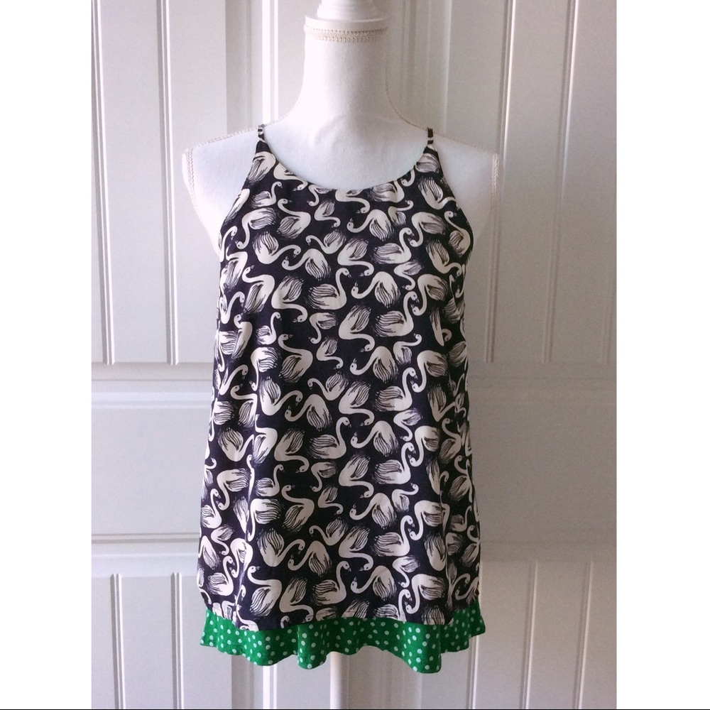 Anthropologie Black & White Swan Print Tank with Green Polka Dot Trim